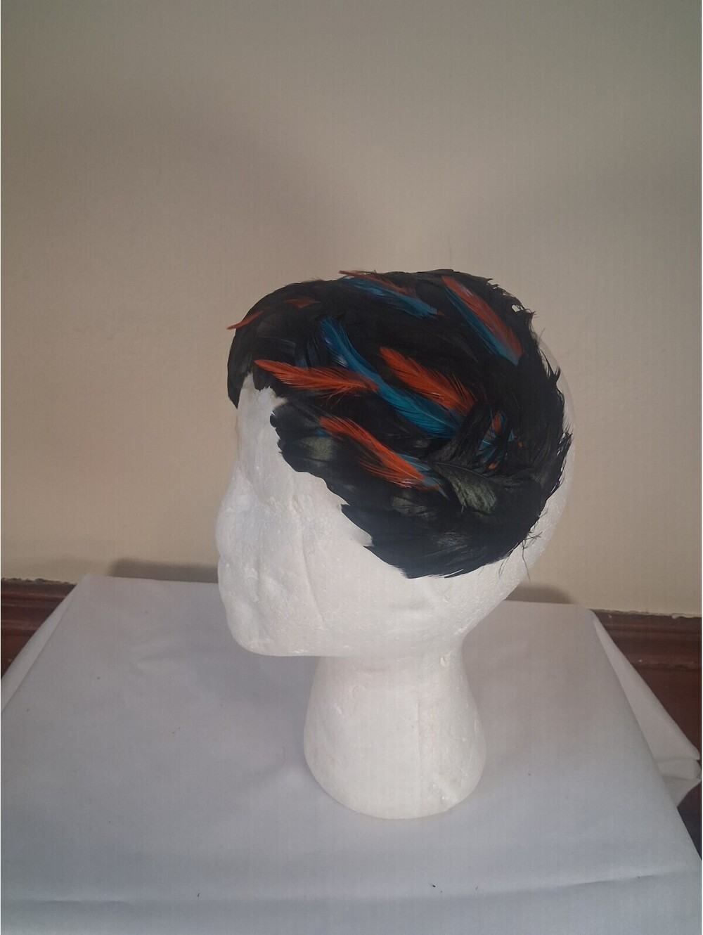 Vintage 1940s 1950s Feathered Headband, Colorful Black Hat Retro Dramatic Mcm